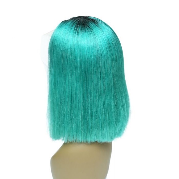 NWT 180% Density Human Hair Teal Blue Lace Front Wig With Black Roots - Picture 2 of 6